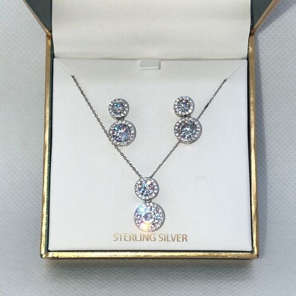 💛 Sterling Silver CZ Earring & Necklace Set - Picture 1 of 6